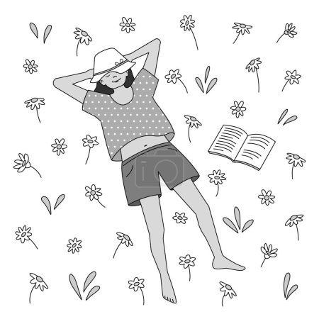 Téléchargez les illustrations : La fille dort dans une prairie avec des marguerites. Illustration vectorielle en niveaux de gris dans le style contour rempli. - en licence libre de droit
