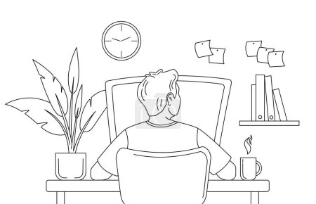 Téléchargez les illustrations : L'homme travaille dans un ordinateur sur son lieu de travail. Illustration vectorielle de la vue arrière en style contour sur fond blanc. - en licence libre de droit