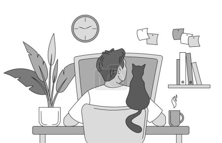 Illustration for Man works at a computer at his workplace.The cat sits on the back of the chair. Grayscale isolated vector back view illustration in filled outline style on the white background. - Royalty Free Image