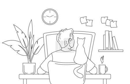 Ilustración de El hombre trabaja en una computadora en su lugar de trabajo.El gato se sienta en el respaldo de la silla. Ilustración de vista posterior vectorial aislada en estilo de contorno en el fondo blanco. - Imagen libre de derechos
