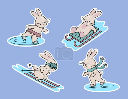 Téléchargez les illustrations : Ensemble d'autocollants avec des lapins mignons patinage, ski et luge. Illustration vectorielle en couleur dans le style contour. - en licence libre de droit