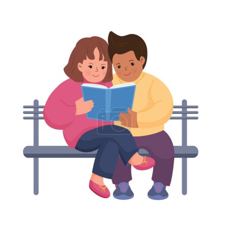 Téléchargez les photos : Fille et garçon ont lu le livre assis sur le banc. Illustration vectorielle isolée en style plat - en image libre de droit