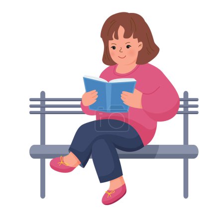 Ilustración de La chica lee el libro sentado en el banco. Ilustración aislada vectorial en estilo plano - Imagen libre de derechos