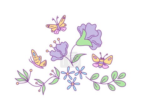 Illustration for Floral design with butterflies. Vector isolated color illustration in doodle style. - Royalty Free Image
