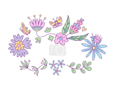 Téléchargez les photos : Cadre de design floral avec des papillons. Illustration vectorielle de couleur isolée dans le style doodle. - en image libre de droit
