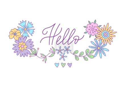 Téléchargez les illustrations : Carte de vœux floral. Illustration vectorielle de couleur isolée dans le style doodle. - en licence libre de droit