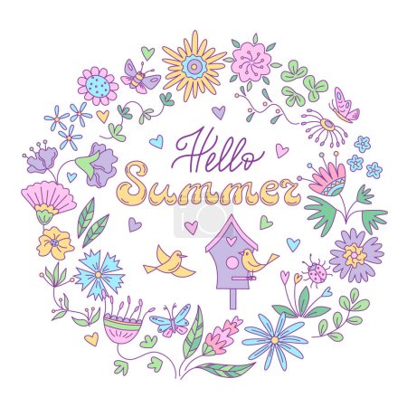 Téléchargez les photos : Carte de vœux d'été avec motif floral et oiseaux dans le cadre rond. Illustration vectorielle de couleur isolée dans le style doodle. - en image libre de droit