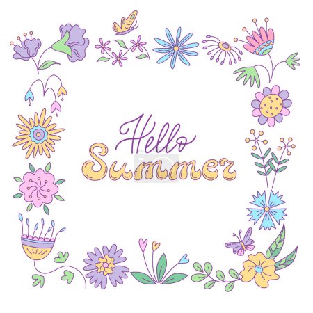 Illustration for Summer greeting card with  floral design and butterflies in the square frame. Vector isolated color illustration in doodle style. - Royalty Free Image