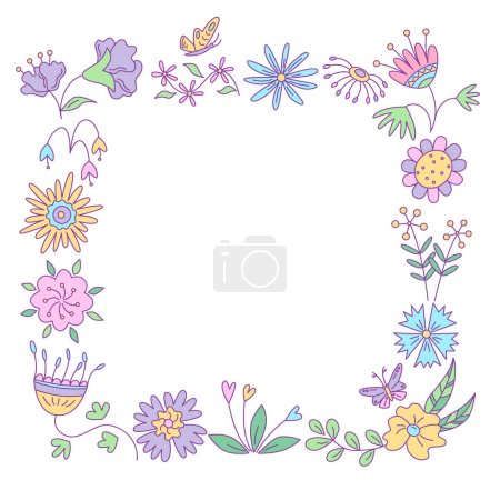 Téléchargez les photos : Cadre carré avec motif floral et papillons. Illustration vectorielle de couleur isolée dans le style doodle. - en image libre de droit