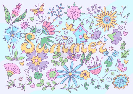 Téléchargez les photos : Carte florale estivale avec papillons et oiseaux. Illustration vectorielle en couleur dans le style doodle. - en image libre de droit