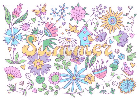 Ilustración de Tarjeta floral de verano con mariposas y pájaros. Ilustración de color aislado vectorial en estilo doodle. - Imagen libre de derechos