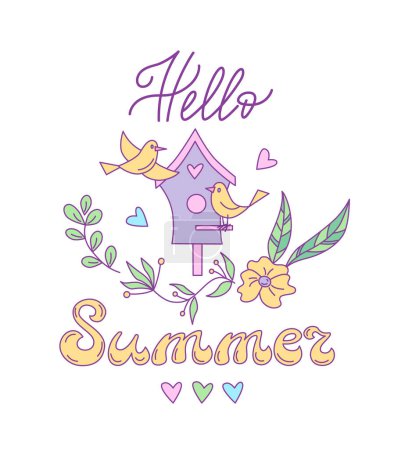 Illustration for Summer floral lettering design with birdhouse and birds. Vector isolated color illustration in doodle style. - Royalty Free Image