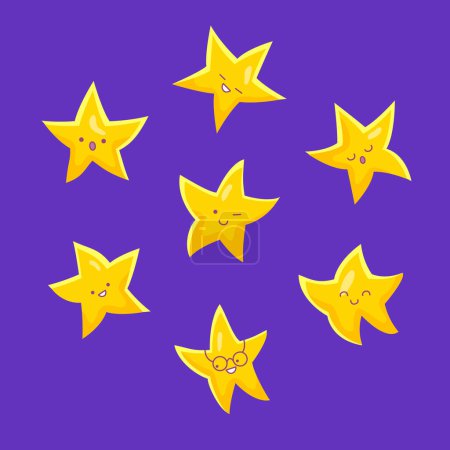 Illustration for Set of the cute stars in kawaii style. Vector color illustration. - Royalty Free Image