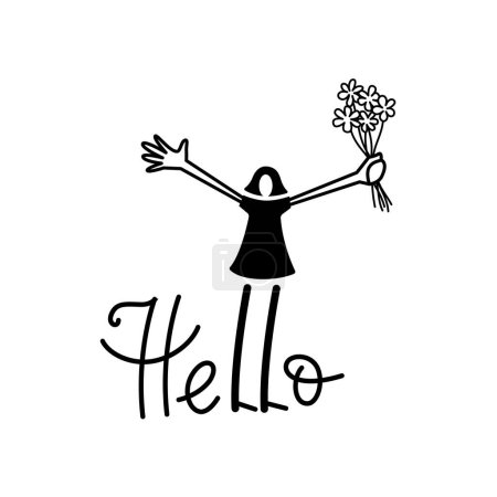 Illustration for Girl holds the flowers. Hello lettering composition. Vector isolated illustration - Royalty Free Image