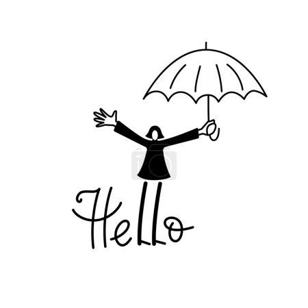 Illustration for Girl holds the umbrella. Hello lettering composition. Vector isolated illustration - Royalty Free Image