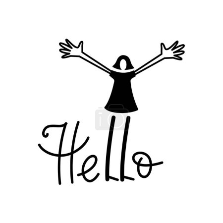 Illustration for The girl spreads her arms wide in greeting. Hello lettering composition. Vector isolated illustration - Royalty Free Image