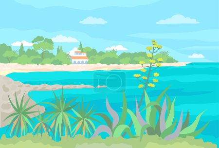 Ilustración de Paisaje marino de verano. El agave floreciente y la yuca crecen en primer plano. Hay una playa y una casa de campo en la orilla del mar en el fondo. Ilustración a color vectorial - Imagen libre de derechos