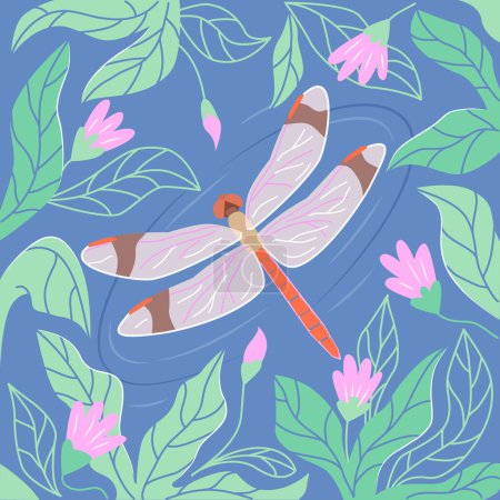 Ilustración de Libélula en el marco cuadrado con diseño floral. Ilustración a color vectorial - Imagen libre de derechos