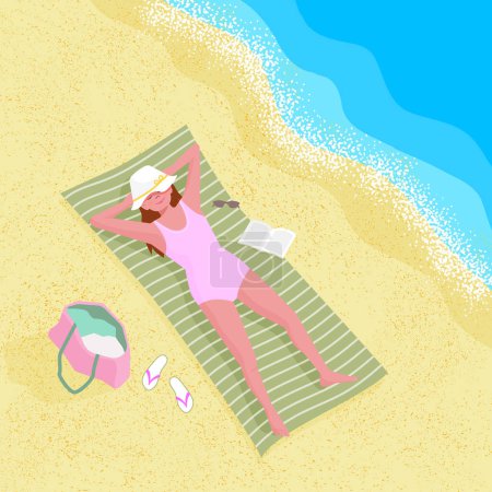 Téléchargez les photos : La fille prend un bain de soleil sur la plage au bord de l'eau. Illustration vectorielle couleur. - en image libre de droit