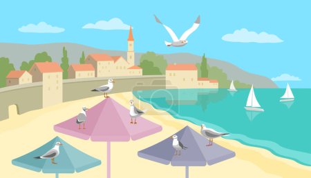 Illustration for Sea view with yachts, houses and beach umbrella with seagulls. Landscape summer color illustration. - Royalty Free Image