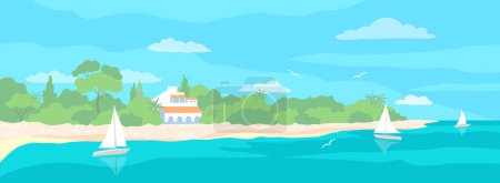 Téléchargez les illustrations : Paysage marin d'été. Baie avec chalet, plage et yachts. Illustration vectorielle couleur - en licence libre de droit