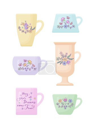 Ilustración de Conjunto de copas decoradas con dibujo floral. Ilustración aislada de color vectorial. - Imagen libre de derechos