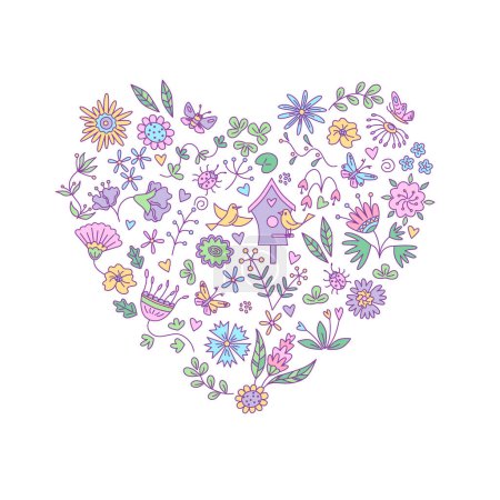 Illustration for Heart shape with floral elements. Vector isolated color illustration in doodle style. - Royalty Free Image