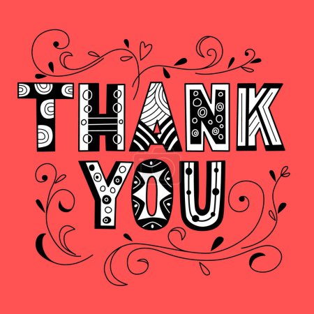 Illustration for Thank you  lettering in doodle style. Vector color illustration in red background - Royalty Free Image