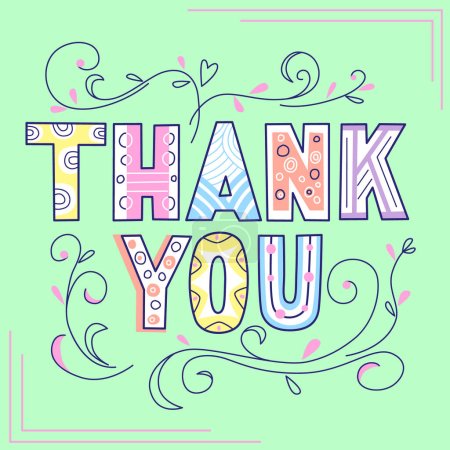 Illustration for Thank you  lettering in doodle style. Vector multicolor illustration in light green background - Royalty Free Image