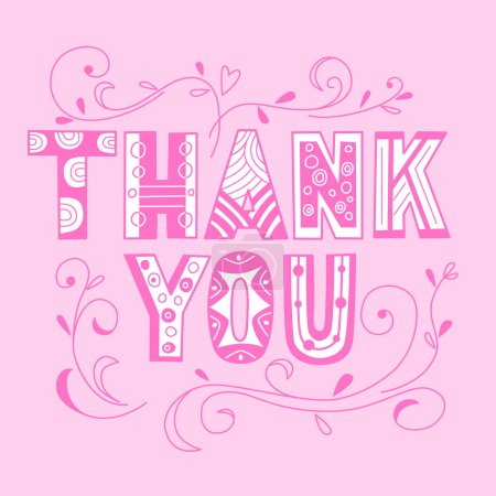 Illustration for Thank you  lettering in doodle style. Vector color illustration in pink background - Royalty Free Image