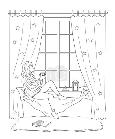 Ilustración de Mujer joven se sienta junto a la ventana con una taza de bebida caliente, mira por la ventana. Ilustración vectorial en estilo de arte en línea. - Imagen libre de derechos
