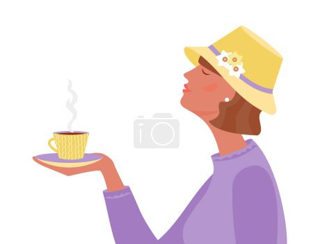 Téléchargez les illustrations : Femme en chapeau tenant la tasse de boisson chaude.Illustration isolée vectorielle - en licence libre de droit