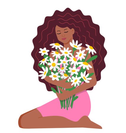 Ilustración de Black pretty young woman in pink dress with bouquet of daisies. Vector color isolated  illustration in flat style. - Imagen libre de derechos