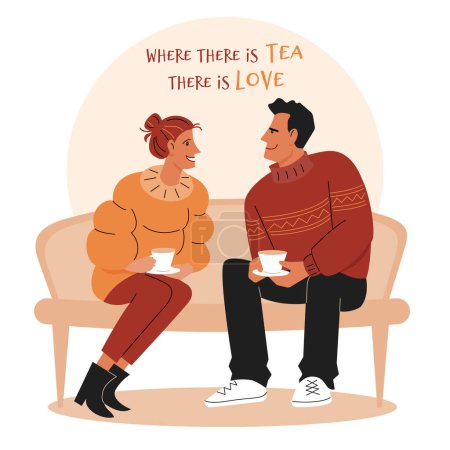 Téléchargez les photos : Un homme et une femme amoureux sont assis sur un canapé et tiennent une tasse de boisson. Illustration vectorielle en couleur isolée dans le style dessin animé. - en image libre de droit