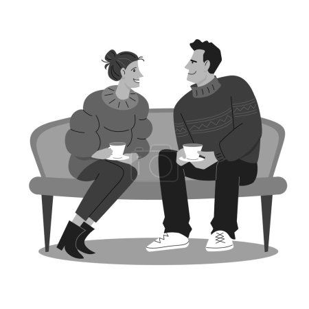 Téléchargez les photos : Un homme et une femme amoureux sont assis sur un canapé et tiennent une tasse de boisson. Illustration vectorielle en niveaux de gris isolés dans le style dessin animé. - en image libre de droit