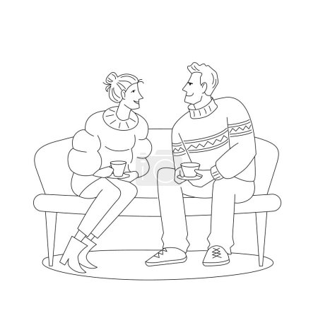 Téléchargez les illustrations : Un homme et une femme amoureux sont assis sur un canapé et tiennent une tasse de boisson. Illustration vectorielle isolée dans le style line art. - en licence libre de droit