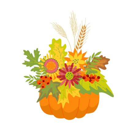 Illustration for Autumn floral composition with pumpkin. Vector isolated color illustration - Royalty Free Image
