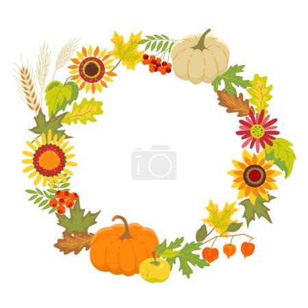Téléchargez les illustrations : Round frame of floral autumn design with pumpkins. Vector isolated color illustration. - en licence libre de droit