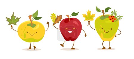 Ilustración de Conjunto de tres manzanas divertidas con hojas de otoño en estilo kawaii. Ilustración aislada de color vectorial. - Imagen libre de derechos