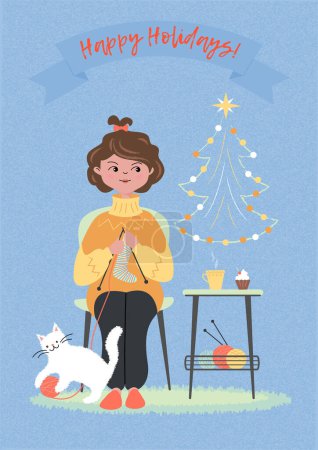 Ilustración de Tarjeta de vacaciones de invierno con chica sentada en la silla y tejiendo los calcetines. Gato está jugando con una madeja de hilo. Ilustración a color vectorial. - Imagen libre de derechos
