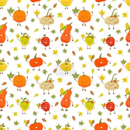 Illustration for Seamless pattern with apples and maples in kawaii style. Vector color illustration on the white background. - Royalty Free Image