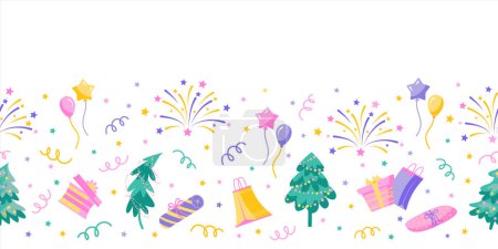 Illustration for Winter holidays seamless border with christmas tree, gift boxes, balloons and fireworks. Vector color isolated illustration. - Royalty Free Image