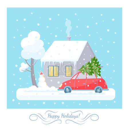 Illustration for Winter snowing landscape with a cottage, car and Christmas tree. Greeting holidays card with snowman. Vector illustration in flat style on the blue background. - Royalty Free Image