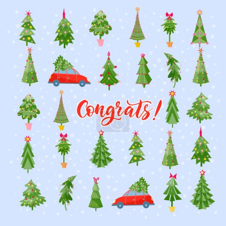 Illustration for Winter greeting card with retro cars and Christmas trees. Vector color illustration. - Royalty Free Image