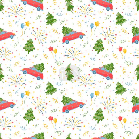 Illustration for Seamless pattern with cars and christmas trees. Vector color illustration - Royalty Free Image