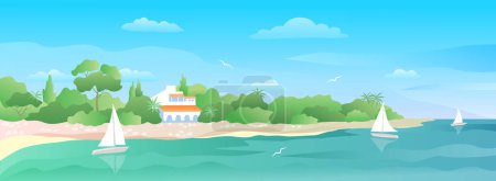 Ilustración de Paisaje marino de verano. Bahía con cabaña, playa y yates. Ilustración a color vectorial - Imagen libre de derechos