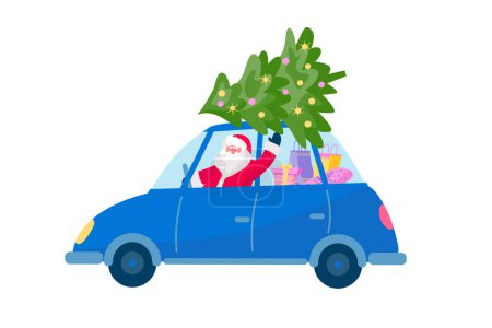 Ilustración de Santa Claus conduciendo coche retro con árbol de Navidad y regalos. Ilustración de color aislado vectorial en estilo plano. - Imagen libre de derechos