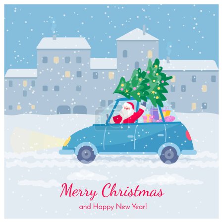Illustration for Winter city landscape with Santa Claus driving retro car with Christmas tree and presents. Vector color illustration in flat style. - Royalty Free Image