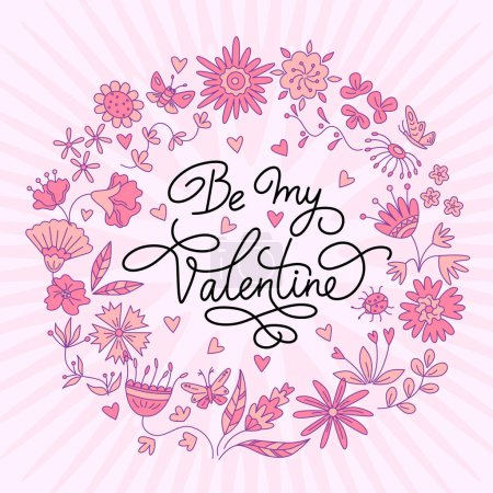 Illustration for Greeting card for Valentines day with a floral design elements and lettering in the round frame. Vector color illustration in doodle style. - Royalty Free Image