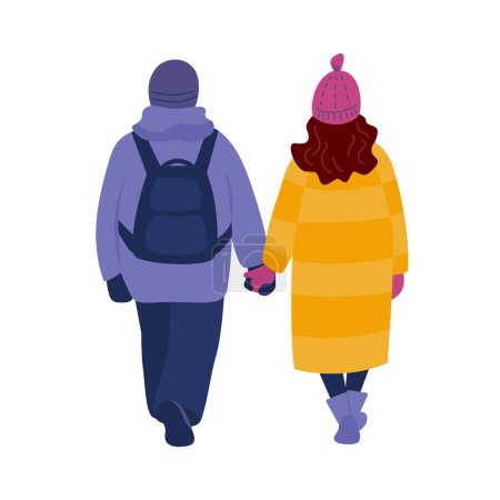 Téléchargez les illustrations : Un couple marchant en tenant la main dans des vêtements chauds. Vue de derrière. Illustration vectorielle en couleur isolée dans un style plat. - en licence libre de droit